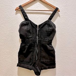 Distressed Denim Romper | Zip Up | Utility Pockets | S/M